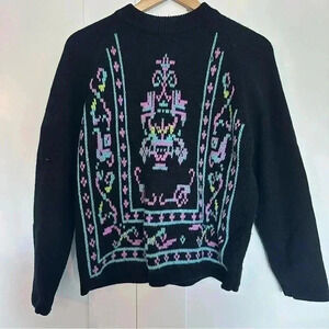 Vintage Miss Holly ski sweater size medium black teal pink winter mock neck